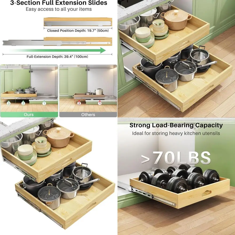 

Full-Extension Soft Close Wood Slide-Out Drawers for Kitchen Pantry, 21W x 21D x 3.4''H
