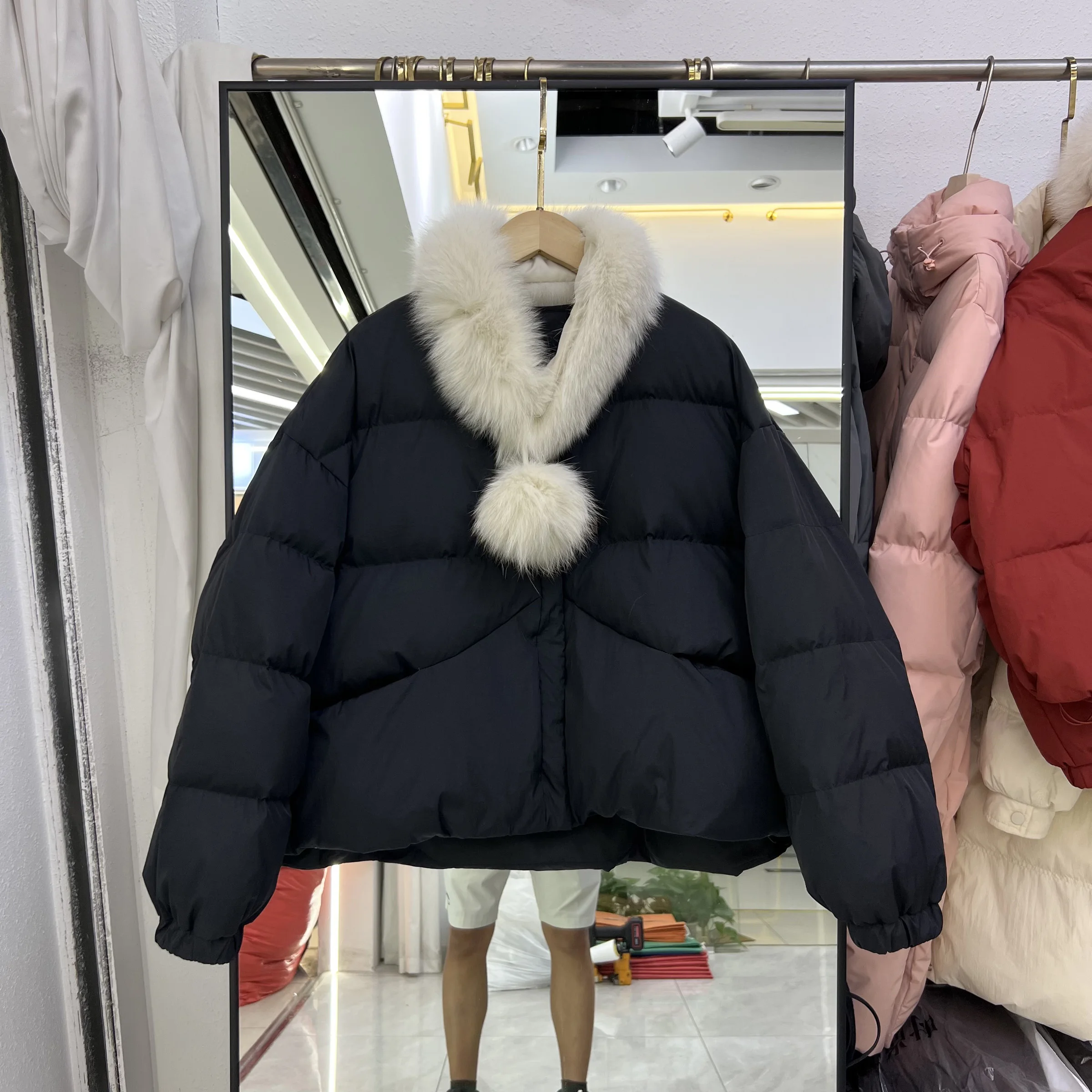 المألوف فضفاض الأبيض بطة أسفل سترة جديدة أسفل سترة المرأة قصيرة الثعلب الفراء طوق وشاح الشتاء الدافئة سترة #6