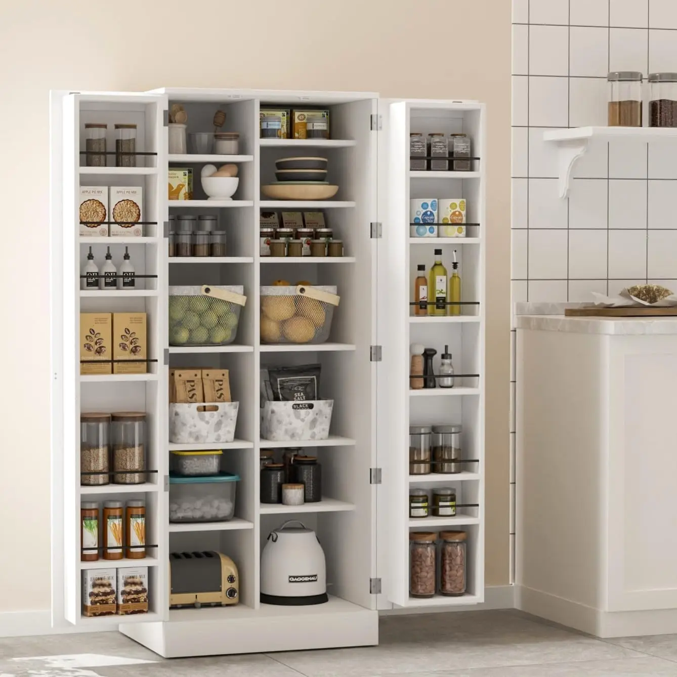 

Pantry Cabinet, 59" Tall White Kitchen Storage Cabinet with 2 Doors and Adjustable Shelves, Food Storage Freestanding Cupboard
