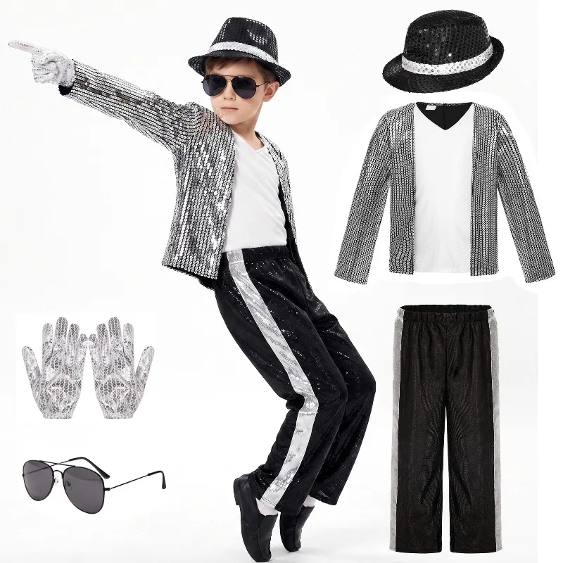 Disfraz de Michael Jackson Billie Jean para Niño, Traje Negro para Cosplay, Baile, Discoteca, Halloween, Disfraz de Rey del Pop de los 80 para Niños