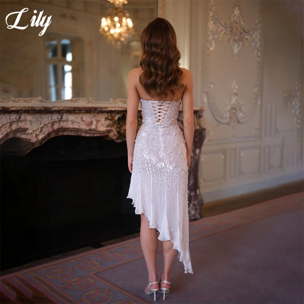 Lily White Hand Beaded Party Dress Irregular Ruffle Hem فساتين السهرة Strapless Night Dress Pearls Celebrity Dress Customized