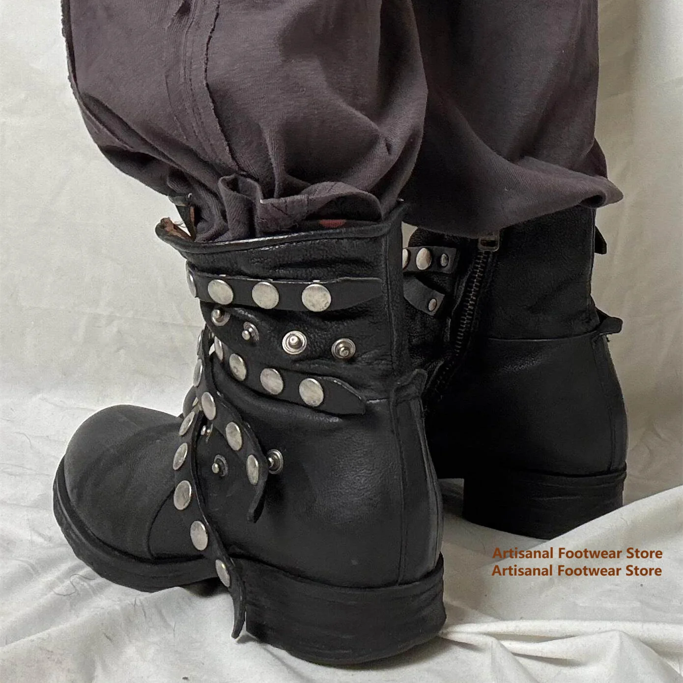 Black Leather Motorcycle Ankle Boots Vintage Punk Multi Strap Riveted Moto Boots Side Zipper Low Heel Gothic Boots for Men