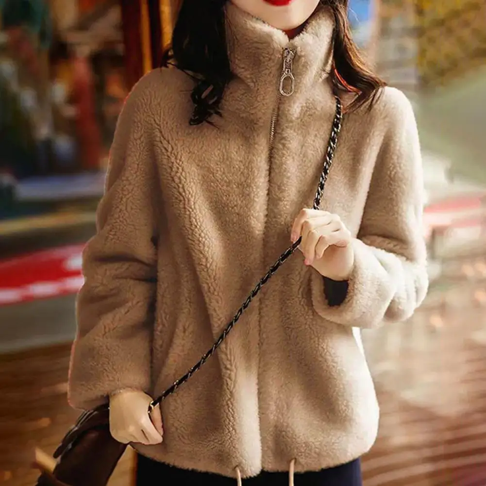 Femmes hiver Double corail polaire manteau chaud col montant en peluche épais pardessus femme mode décontracté à manches longues fermeture éclair vêtements