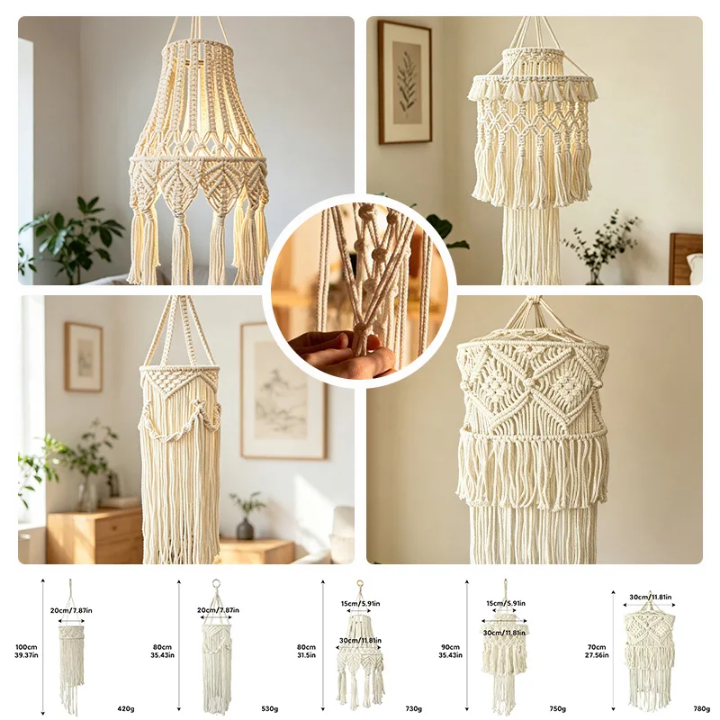 Nordic Bohemian Macrame Lampshade, Handmade Cotton Tassel Hanging Light Cover for Dining Room Bar Living Room Decor