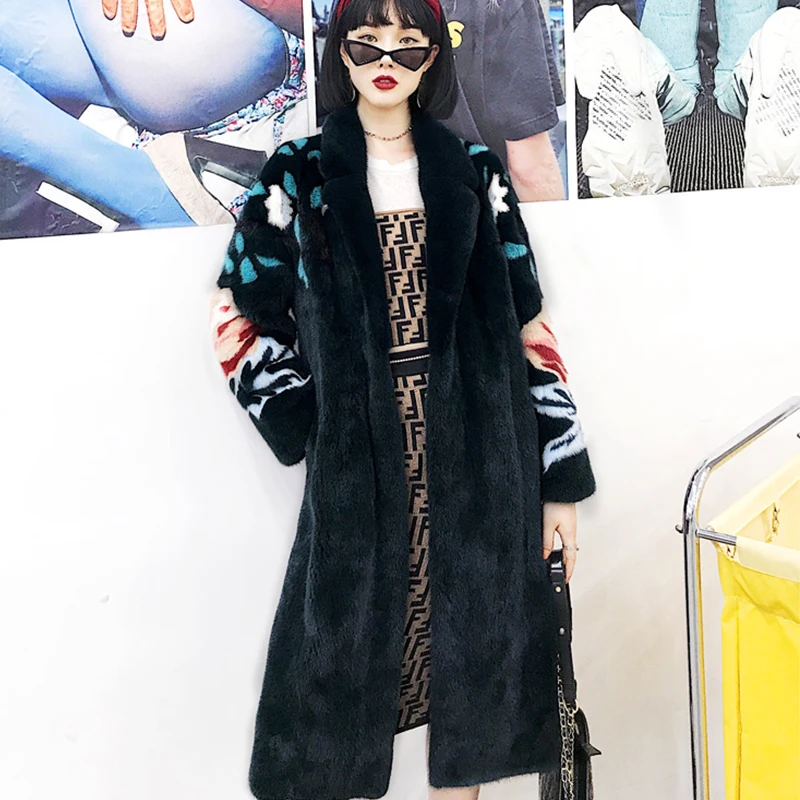 Ftangaiur Winter Import Velvet Mink Fur Coat Turn-Down Collar Print Flower Mink Coat Women Long Natural Real Mink Fur Coats