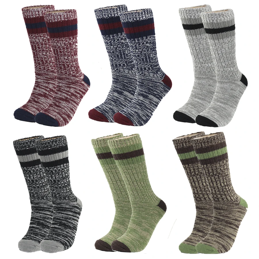 2 Pairs Men's Wool Socks Autumn Winter Thickened Warm High Quality Outdoor Sports Leisure Striped Leg Protection Mid-calf Socks