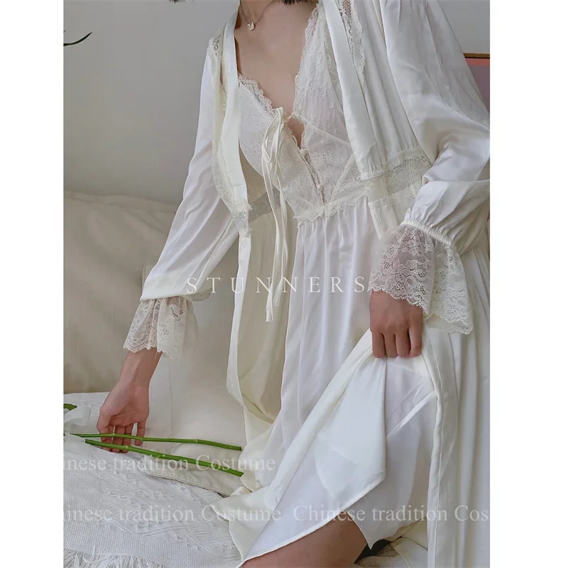 Female Sexy Suspender Nightgown Elegant Palace Style Robe Suit Long Kimono Bathrobe Suit Lingerie Soft Rayon Home Dressing Gown