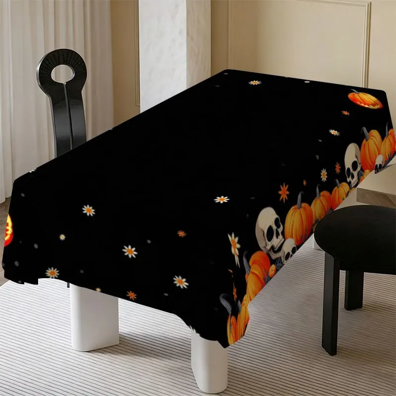 Halloween Rectangle Table Cover Skeleton Pumpkin Daisy Table Cloth Washable Tablecloth Halloween Party Dining Room Table Decor