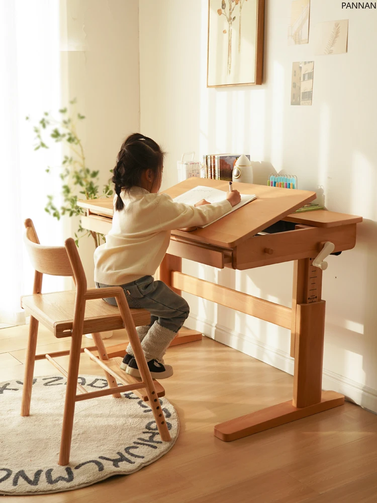 Study desk adjustable, all solid wood adjustable, family desk and chair set, elementary school beech desk