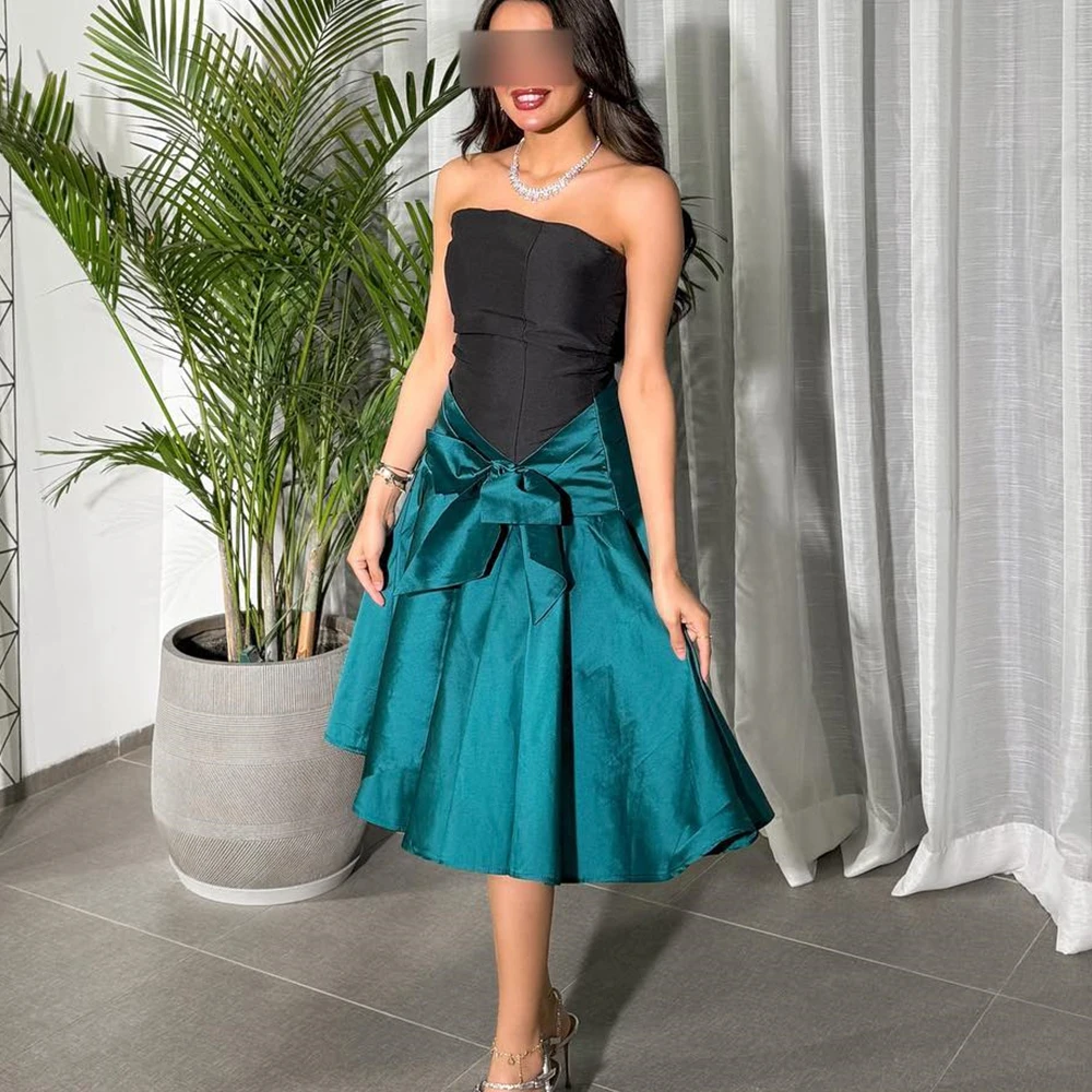 

Graceful Satin A-Line Bow Evening Dress Tea Length Strapless Sleeveless Photo Color Saudi Arabia 2024 فساتين سهره نسائيه فخمة