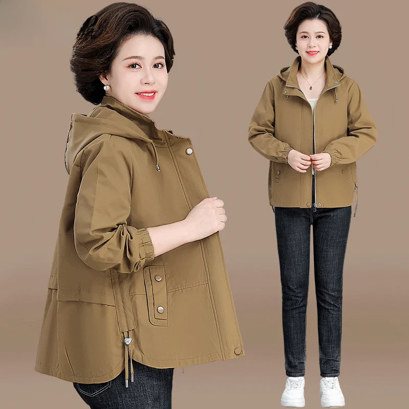 

Fall Faion Outerwear Casual Hooded Women's Mid-Aged And ly Wide Lady Spring Windbreaker Coat Korean Sle Loose Fit