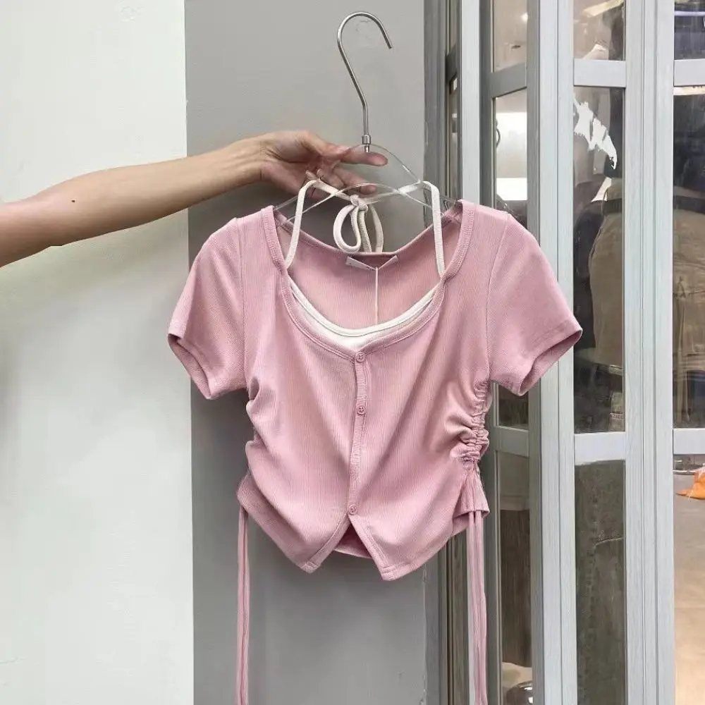 سترة علوية كورية ناعمة مكونة من قطعتين ملابس الشارع الجمالية برباط علوي قصير وحزام سباغيتي وأكمام قصيرة سترات خفيفة الوزن للنساء #4