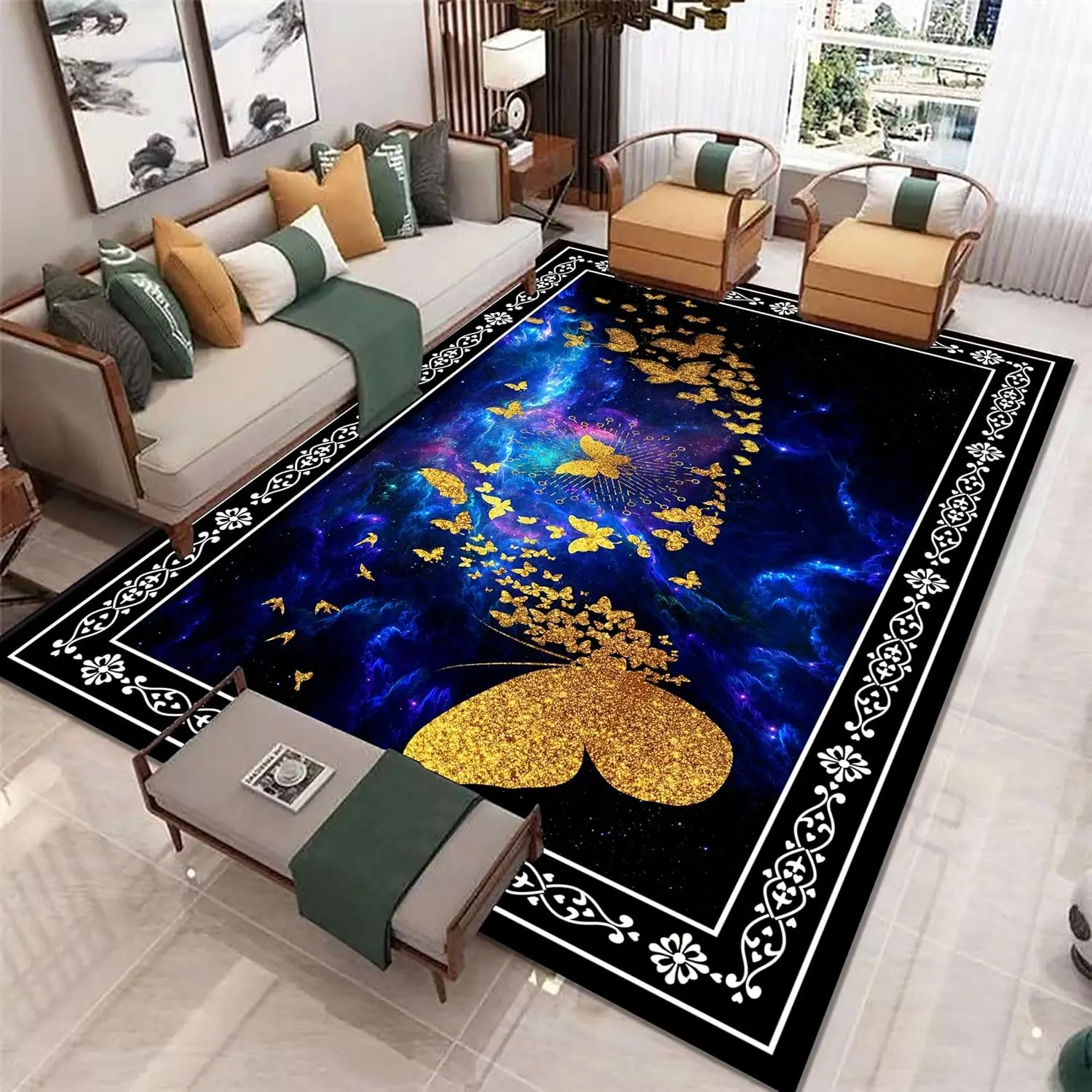 Star River Butterfly Aurora Rug Gilt Line Design Modern Light Luxury Bohemian Foldable Washable Anti-Fatigue Bedroom Office
