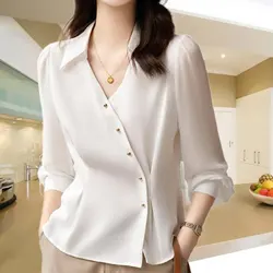 Korean Slim Stylish Folds Waist Shirt Elegant Half Open Collar Women's Clothing Single-breasted Spring Summer Long Sleeve Blouse