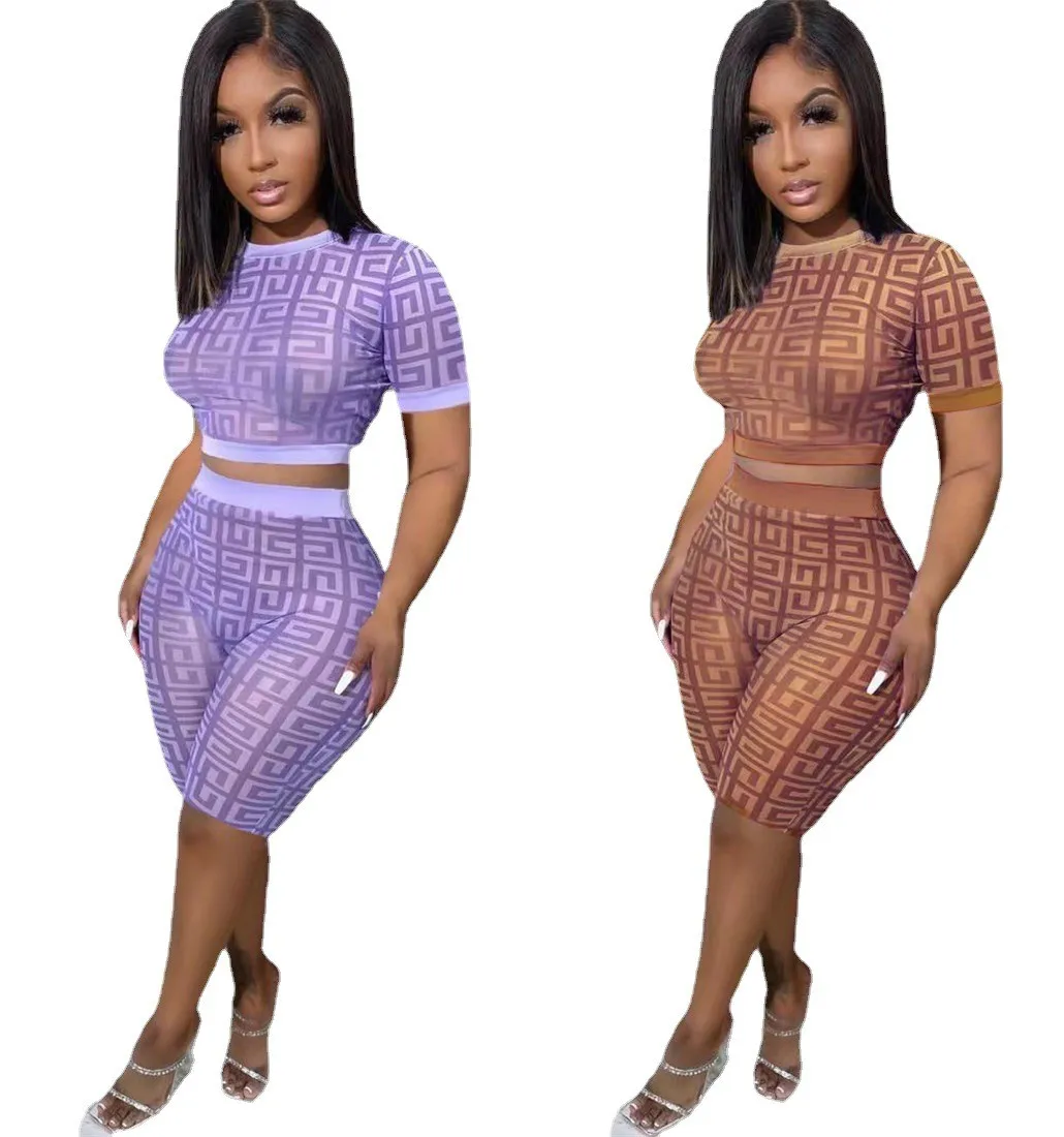 

Y5241 Full Printed Slim Two-piece Set, Crew Neck Short Sleeve Tops & High Waist Shorts Outfits, Women's Clothing