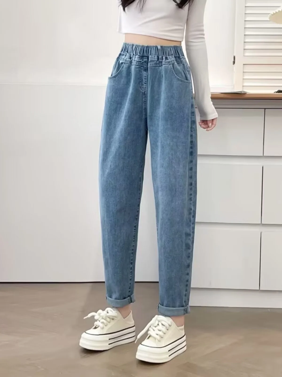 Retro Hong Kong Style Elastic High Waist Washed Denim Jeans Loose Casual Slimming Dad Pants Nine Point Cotton Stretch Denim