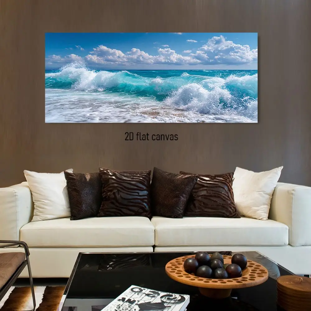 This high-definition sea view canvas decoration painting showcases the surging waves of the blue sea and the white clouds in the