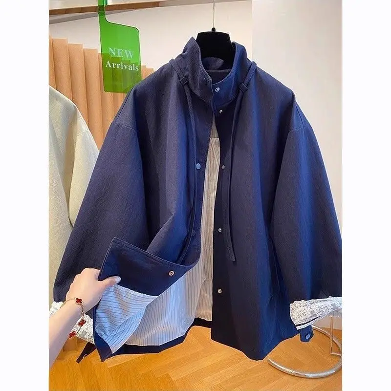 

Женский тренч свободного кроя с кружевными манжетами и воротником-стойкой, весенне-осеннее пальто, новая модная бейсбольная куртка, женская верхняя одежда, пальто-оверсайз