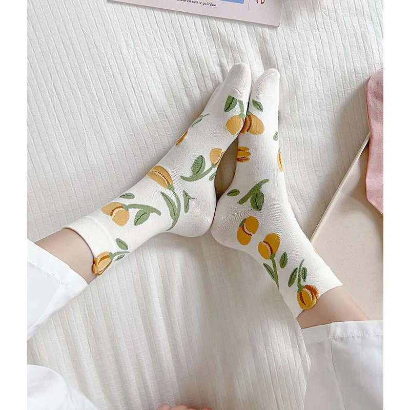 5 Pairs Flower Socks For Women Korean Cotton Cute Socks Style Middle Tube For Girl Breathable Casual Sweet Female Floral Socks