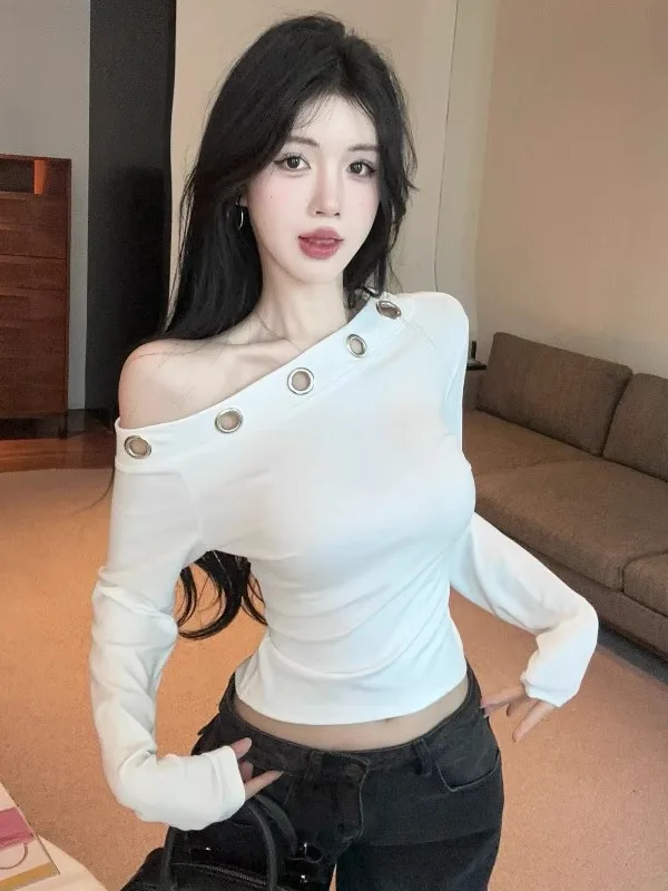 

Elegant Fashionable Long Sleeve T-Shirt Hollow out Slim Fit White Top Korean Style Commute Wind City Walk Autumn New Design