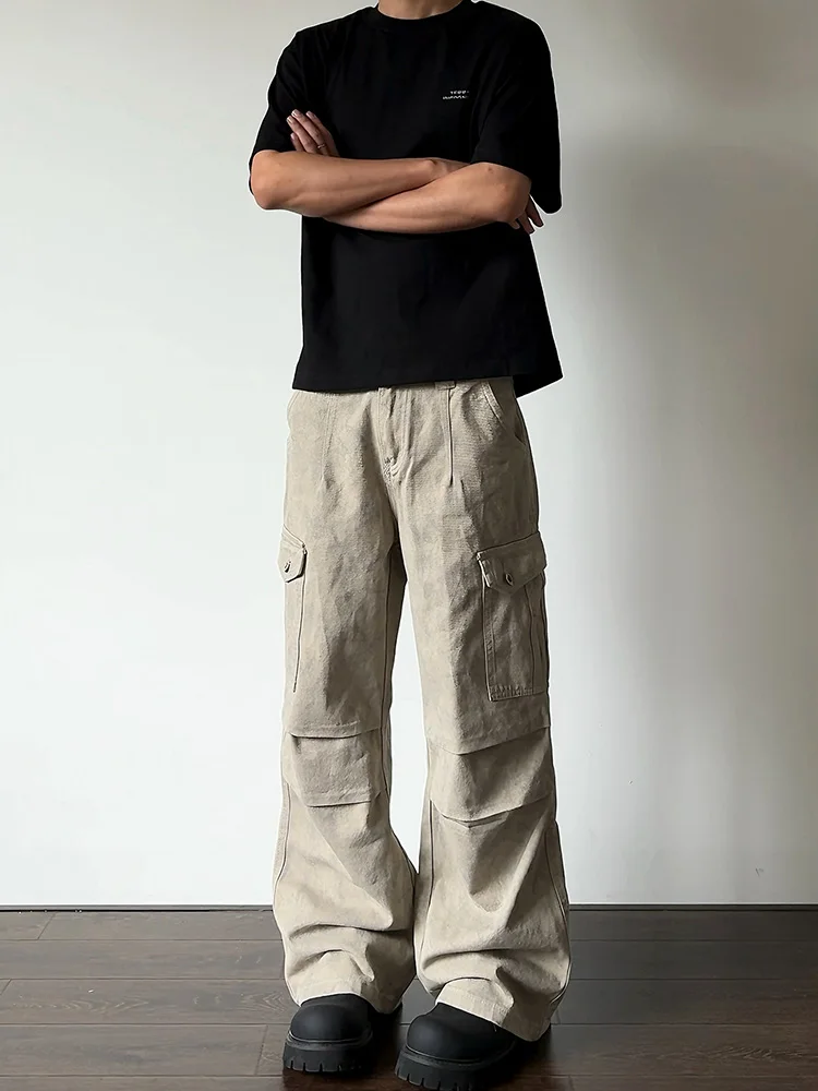 

Retro American Marble Pattern Waed Men's Casual Pants Loose Wide Leg Long Trousers Faionable Street Sle Workwear