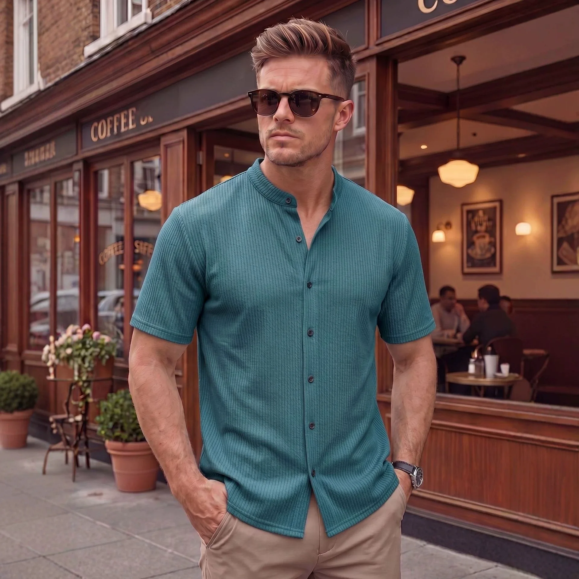 European American Summer Fashion Men's Solid Color Casual Trendy Basic Short Sleeve Single-breasted Cardigan Male Top Clothes