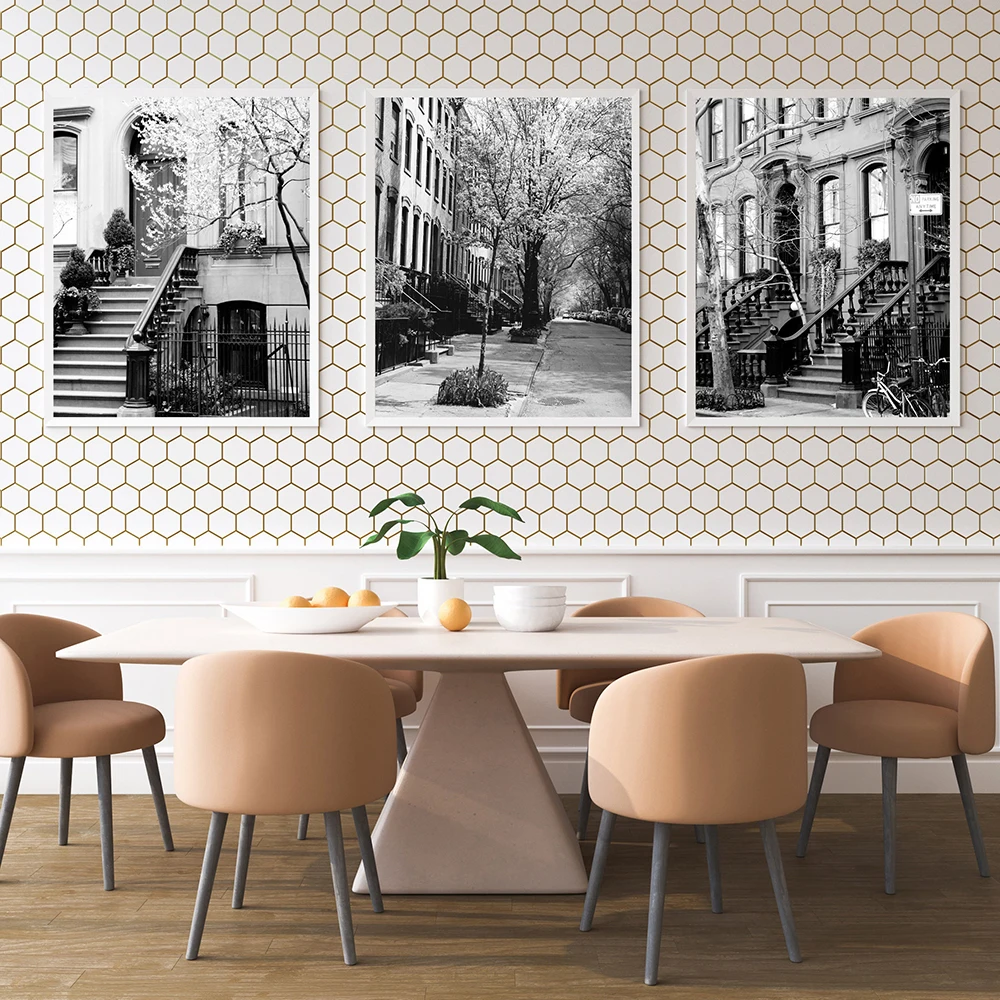 

Black and White New York City Three Sets Wall Art Manhattan Street Architecture Canvas Painting Poster For Living Room Decor