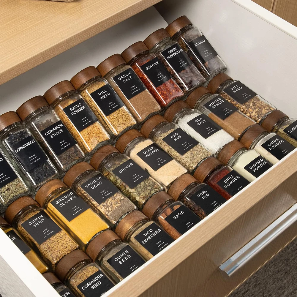 12Pcs Glass Spice Jars with Labels  4 Oz Square Spice Containers with Acacia Wood Lids Pen Funnel Seasoning Jars for Spice view 5