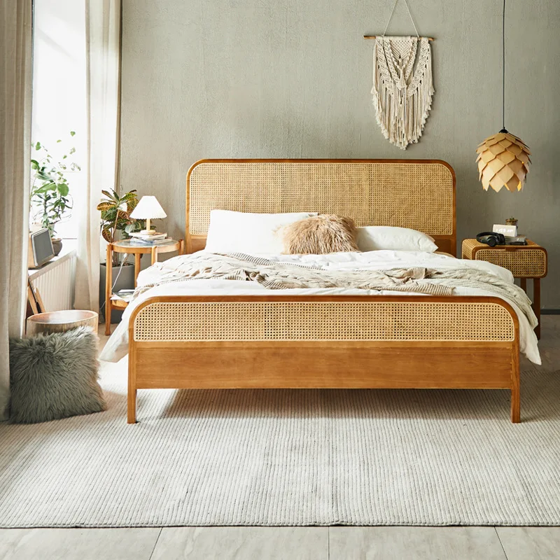 

Japanese-style solid wood rattan bed modern simple ash wood double small apartment bedroom family bed master room 2 meters