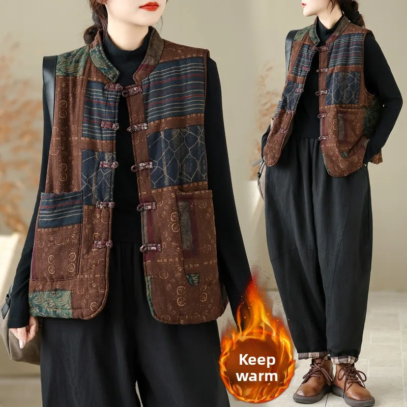 

Retro Artistic Cotton Linen Printed Jaet Women's Winter Clothes Warm Cotton Filled Versatile Trendy Faion Vest