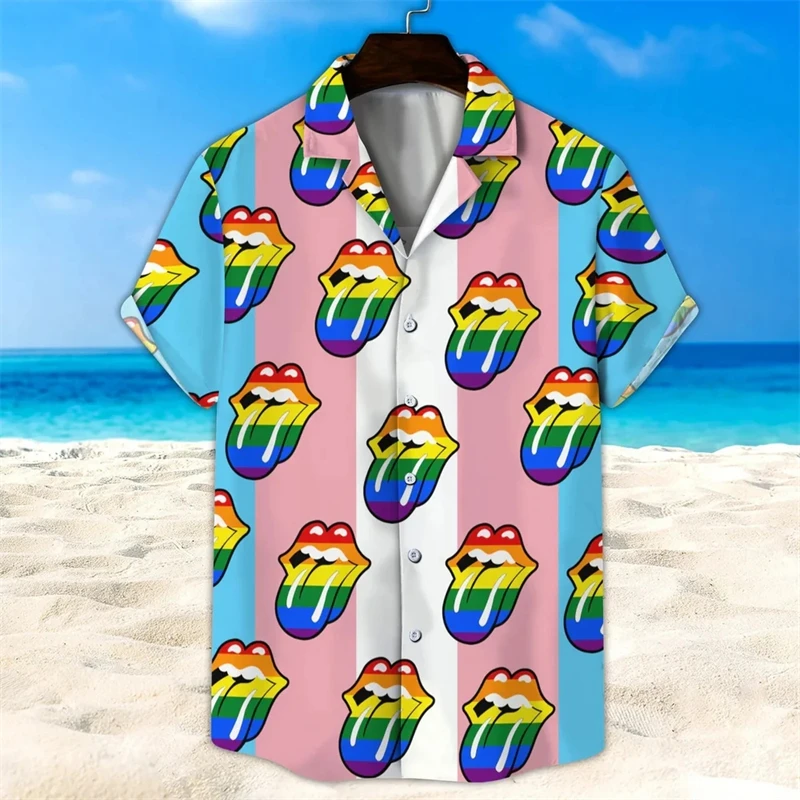 

Summer Oversized Romantic Rainbow Pattern Shirt For Men Fashion Short Sleeve Digital Print Tee Shirts Top Mens Hawaiian Shirt