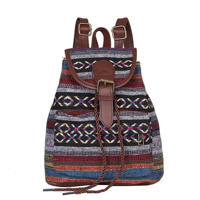 Mochila de lona étnica para mulheres, saco de balde casual, mochilas escolares, novo, 2024