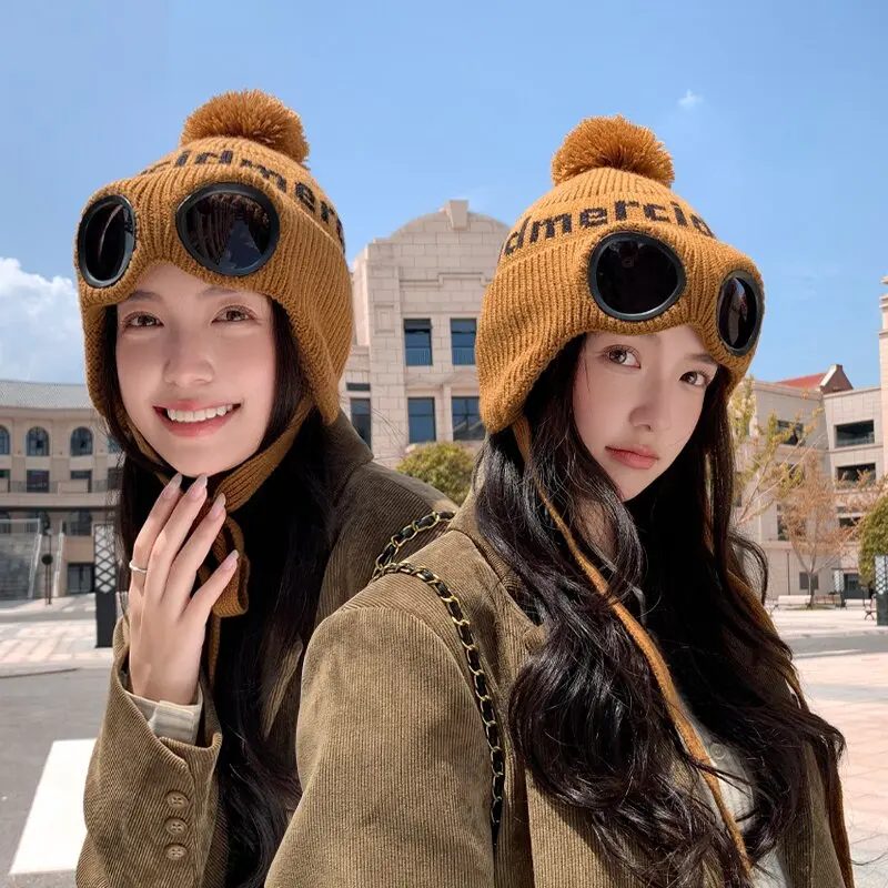 Winter Knitted Hat Letter Jacquard Sunglasses Decorative Warm Lei Feng Hat Outdoor Velvet Ear Protectors Bpmber Hat Beanie Hat