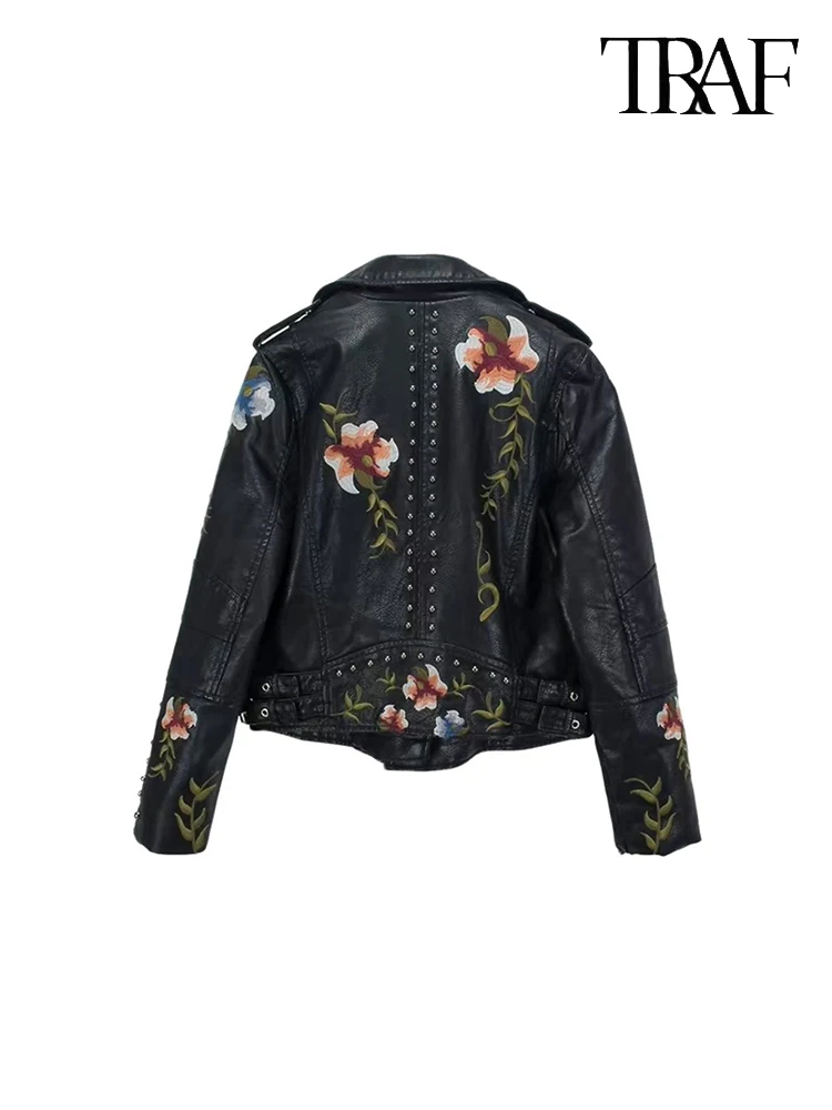 TRAF Women Fashion Printed Embroidered Faux Leather Jacket Coat Street Biker Style Lapel Punk Jacket Retro Floral Rivet Jacket