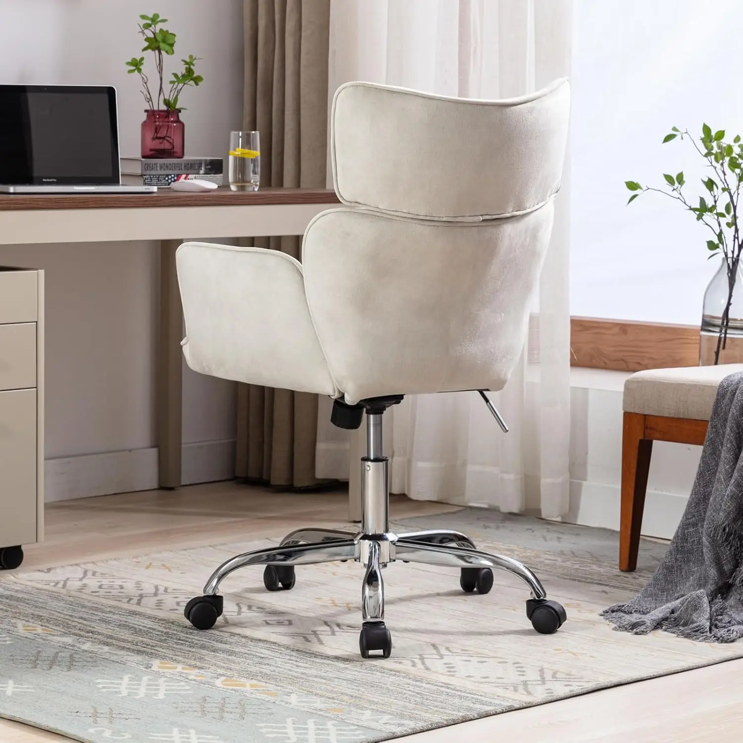 Comfortable Beige White Velvet Office Chair with Arms & Wheels, 360° Swivel, Adjustable Height-Ergonomic Criss cross Desk Chair