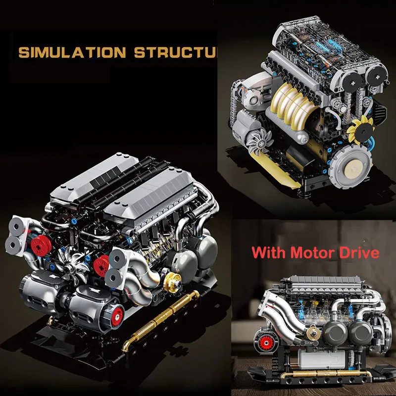 Mechanical W16 Engine Model MOC Building Block With Motor Drive Simulated Inline-four Engine Assembly Small Bricks Boy Toy Gifts