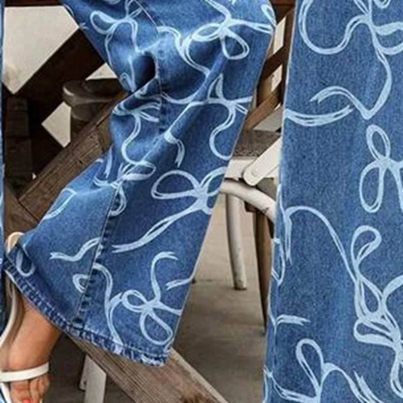 Luxury Women's Spring Fall Baggy Jeans Pants Bow Print High Waist Loose Wide Leg Denim Pants