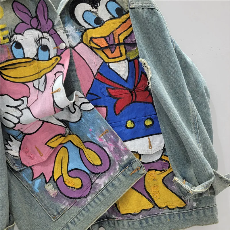 Autumn Heavy Industry Hand-painted Graffiti Denim Jacket Women's Loose Medium And Long Streetwear Cool Cartoon Top Jeans Jaqueta
