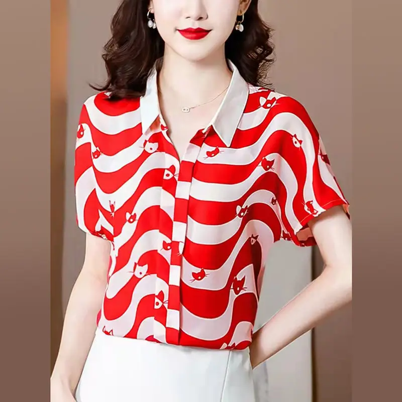 Elegant Chiffon Striped Office Shirt Tops Summer New Polo Neck Short Sleeve Thin Printing Blouse Vintage Fashion Women Clothing