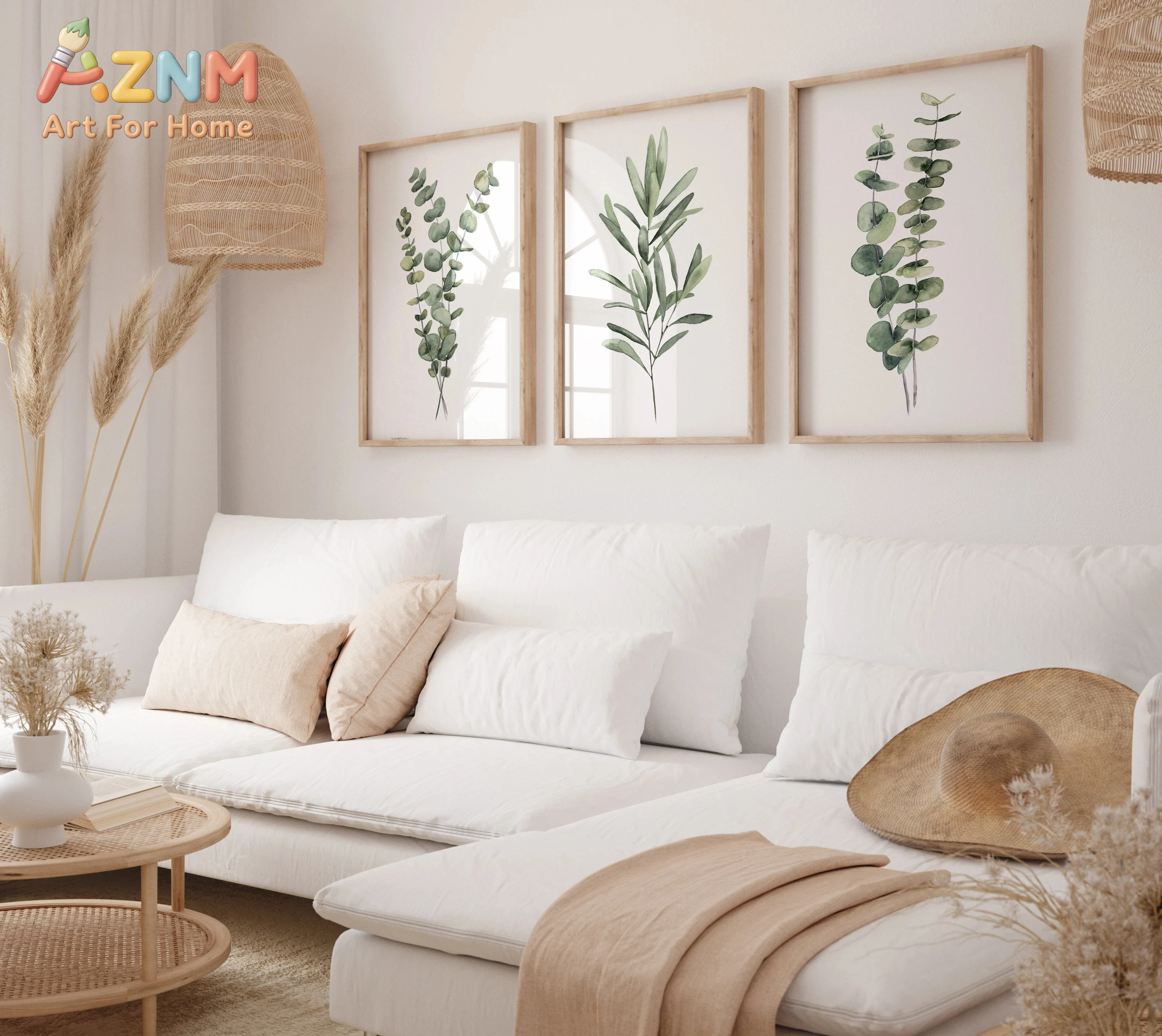 Aquarell-Pflanzen-Wandkunst-Set mit 3 Stück – grüne botanische Drucke, minimalistische Blattkunstwerke für Küche, Schlafzimmer und Wohnzimmerdekoration