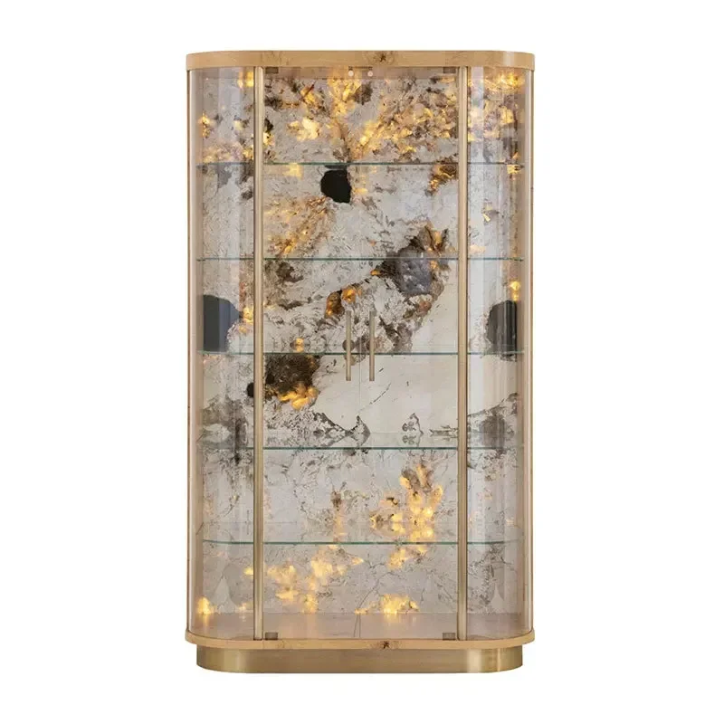 Arc glass wine cabinet villa high-end wall-mounted display cabinet luminous backplate living room storage luxury stone