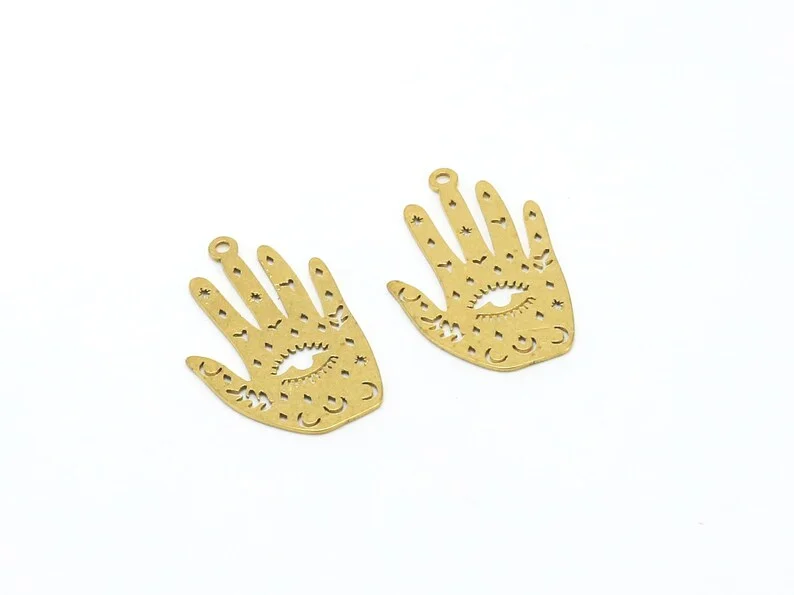 10pcs Hamsa Hand Earring Charms, Brass Evil Eye Charm, Lucky Charm, Earring Findings, 29.8x18mm, Brass Findings - R1641