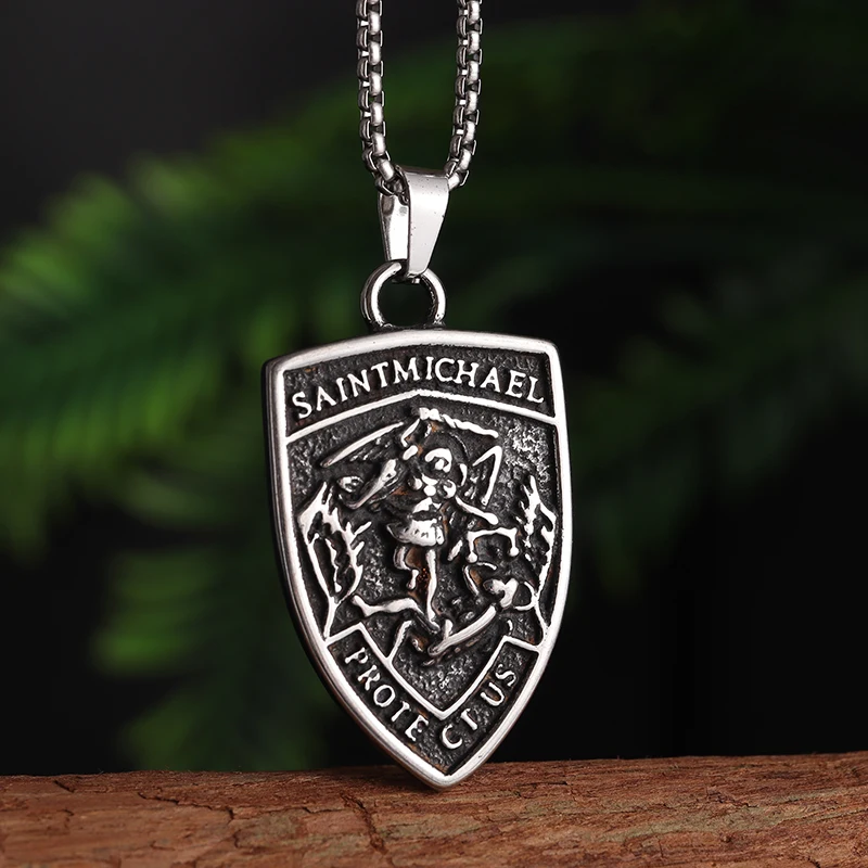 Saint Michael Archangel Pendant Stainless Steel Michael Angel Shield Necklace Men's Fashion Vintage Embossed Patronus Jewelry