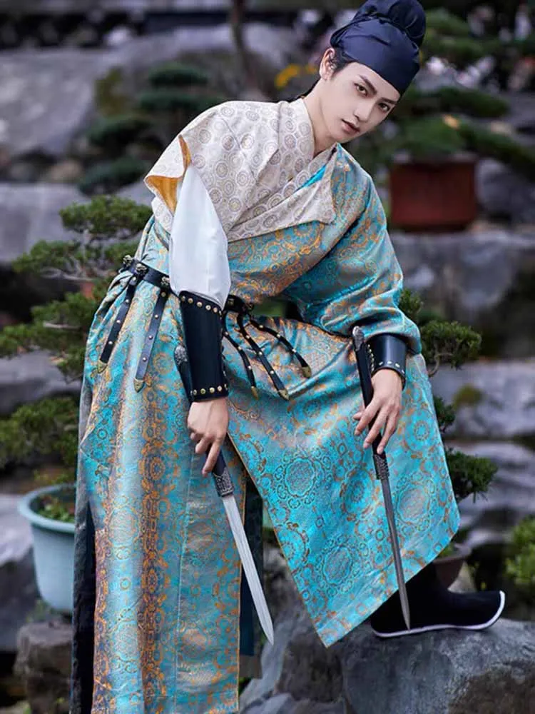 

Tang Dynasty O-Neck Flying Fish Hanfu Robe Men Uniform Guard Blue Hanfu Robe with Belt For Men Women Swordsman Cosplay Costume