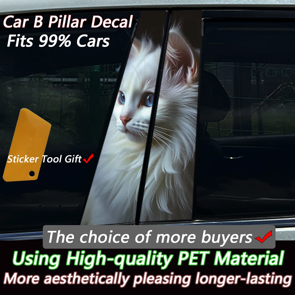 2PCS 3D Fluffy White Maine Coon Cat Car B Pillar Decal, Upgrade PET Material, Customizable Waterproof Auto Sticker