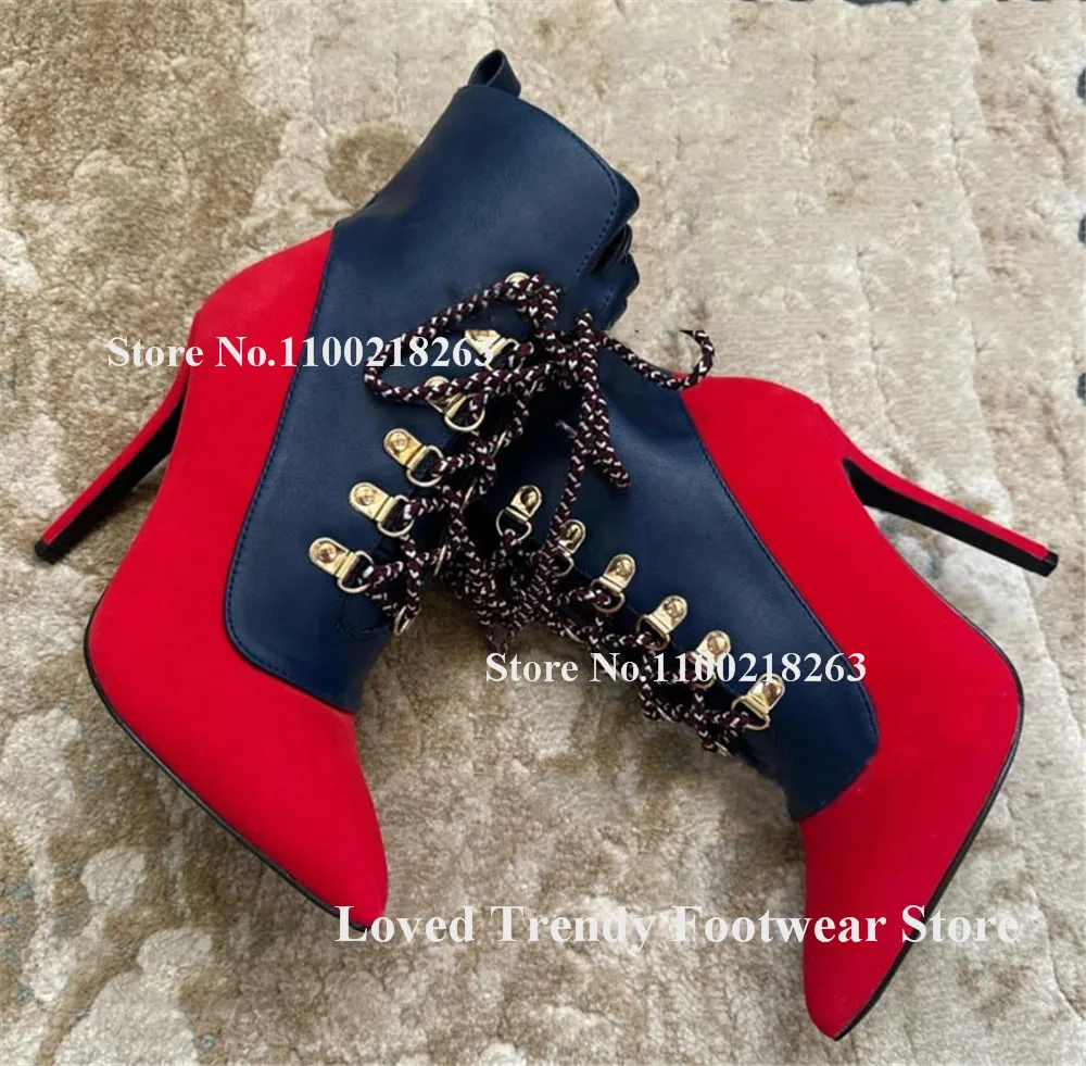 Newest Red-blue Purple-black Patchwork Stiletto Heel Short Boots Pointed Toe Metal Buckles Lace-up Thin Heel Ankle Booties view 2