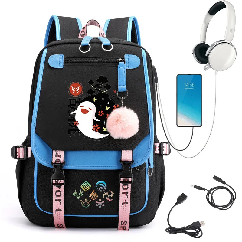 Anime Genshin Impact Hutao Backpack Nylon School Book Student Travel Bags Laptop Casual USB Port Messenger Bag