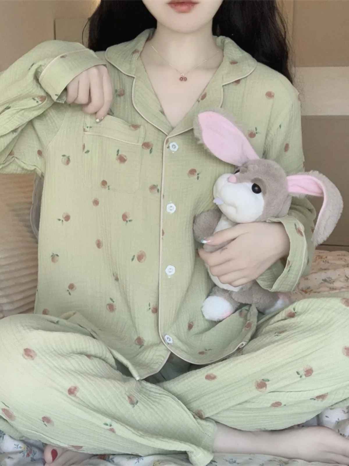 

Spring Autumn Thin Bubble Cotton Long Sve Home Clothes Set Women's Sweet Cute Peach Print Spwear Comfortable Home Suit