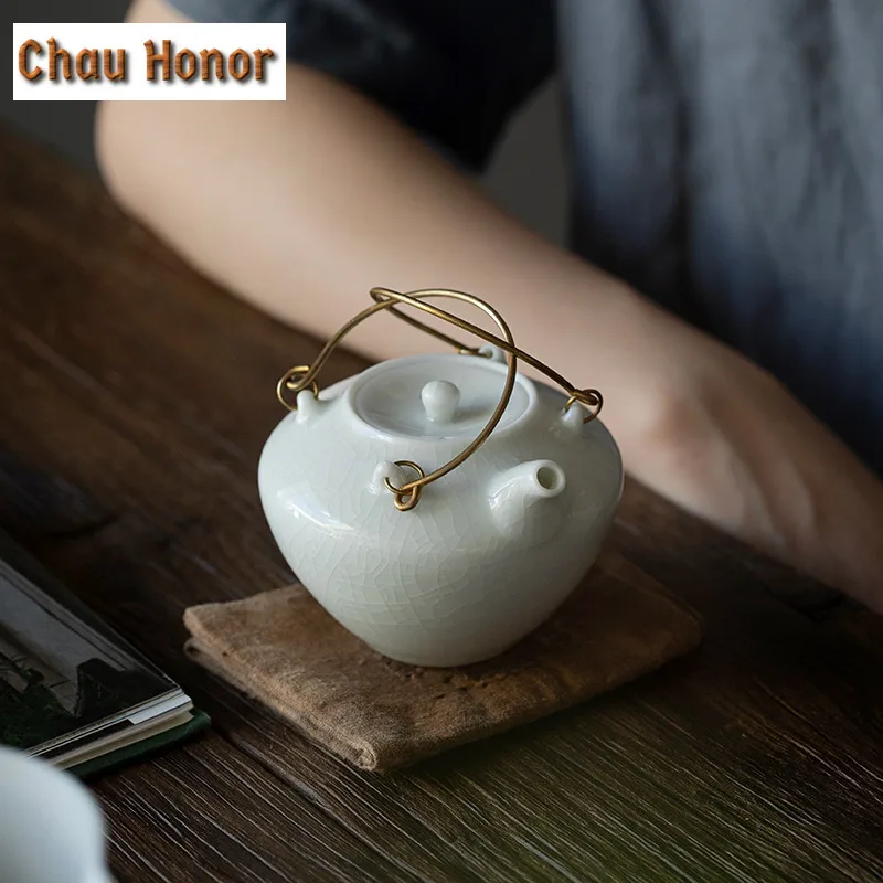 160ML Retro Imitation Song Celadon Gracked Glaze Tea Pot Copper Handle Pot Ceramic Small Teapot Filter Pot Kung Fu Teaware Set