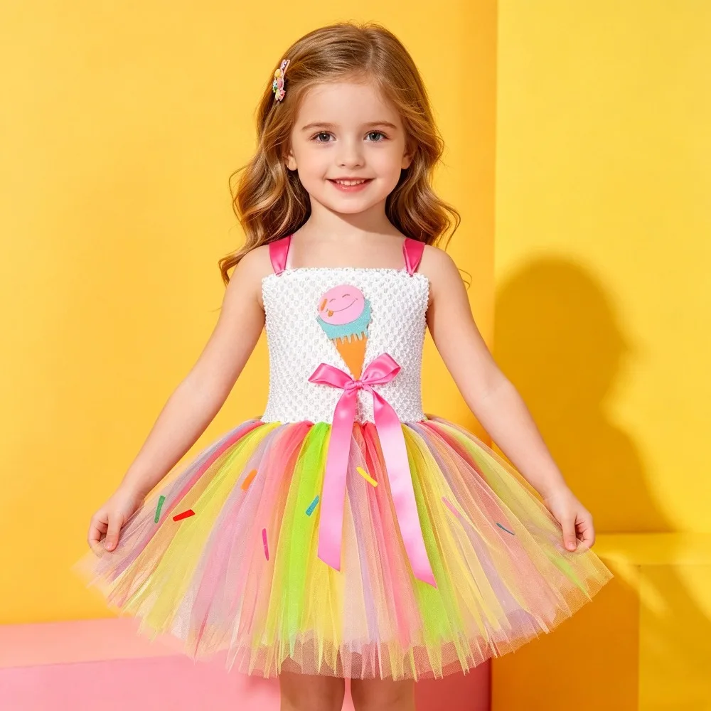 Vestido de Princesa em Tule para Bebês e Crianças, Fantasia de Cone de Sorvete para Festa de Aniversário, Vestido Tutu Doce Arco-Íris